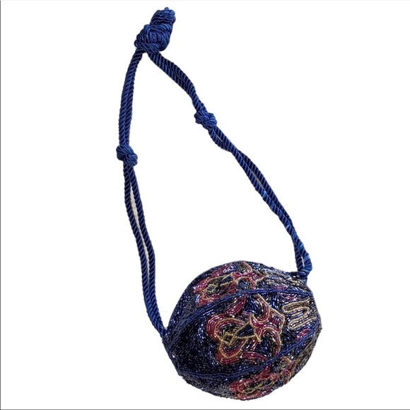 Vintage beaded weighted silk Navy round globe shaped Evening bag - Picture 1 of 7